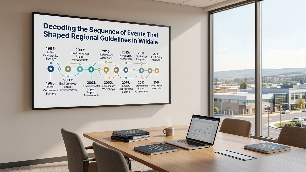 Timeline graphic illustrating key policy shifts and stakeholder meetings that influenced Wildale's regional guidelines from 1970 onward